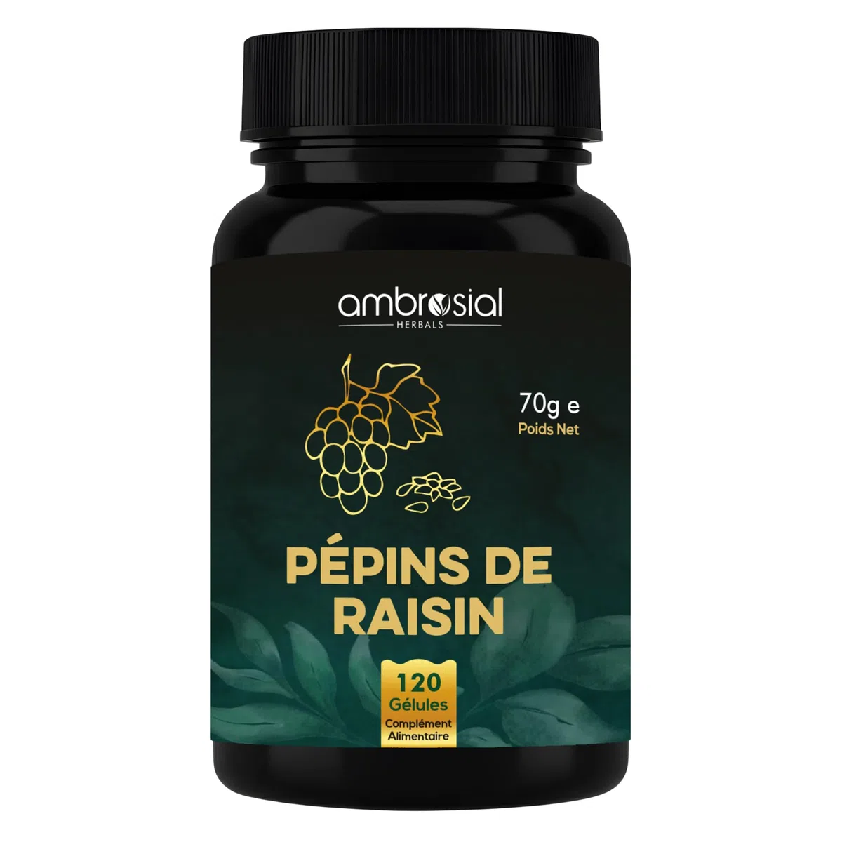 Ambrosial Capsules d'extrait de pépins de raisin | 95% polyphénols OPC | Supplément de pépins de raisin haute résistance | Antioxydant puissant | Lot de 1 à 120 capsules végétaliennes