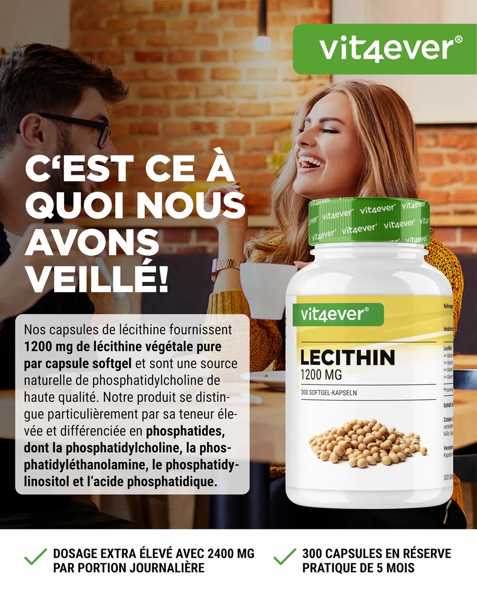 Lécithine 1200 mg - 300 Softgels - Premium : avec Phosphatides - Lécithine de Soja sans OGM - Haute Dose - Qualité Premium