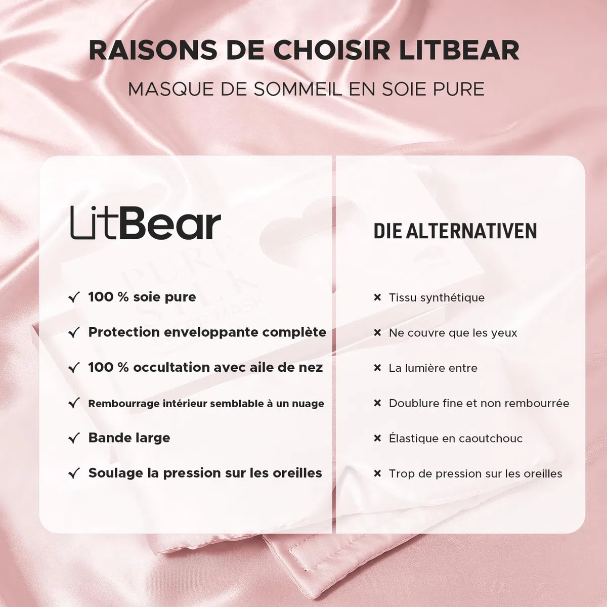LitBear Masque de sommeil en soie - Pour homme et femme - 100% soie de mûrier pure - 22 mommes - Avec sangle réglable