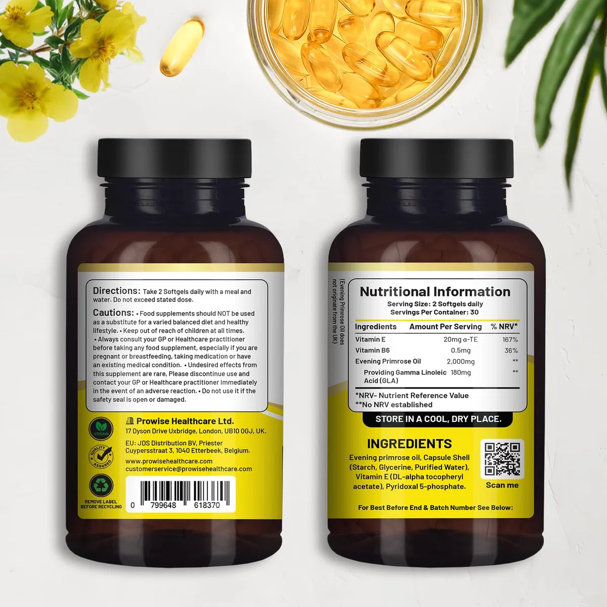 Huile d'onagre végétalienne 2000 mg avec vitamine E et B6 – 60 gélules molles végétaliennes | 180 mg de GLA par capsule I Santé des femmes I Qualité supérieure I par Prowise Healthcare