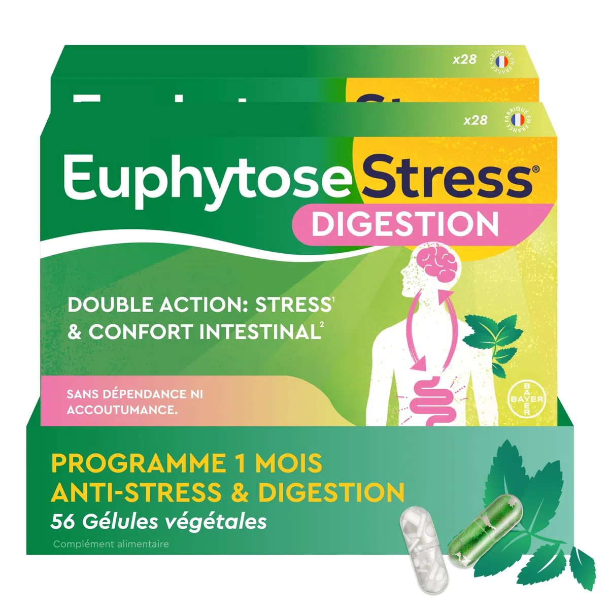 Euphytose Digestion & Anti Stress - Double Action Infoncort Intestinal & Anti Stress Adulte - Complément Alimentaire - Probiotique Flore Intestinale & Détox - Maxi Format 56 Gélules programme 1 Mois