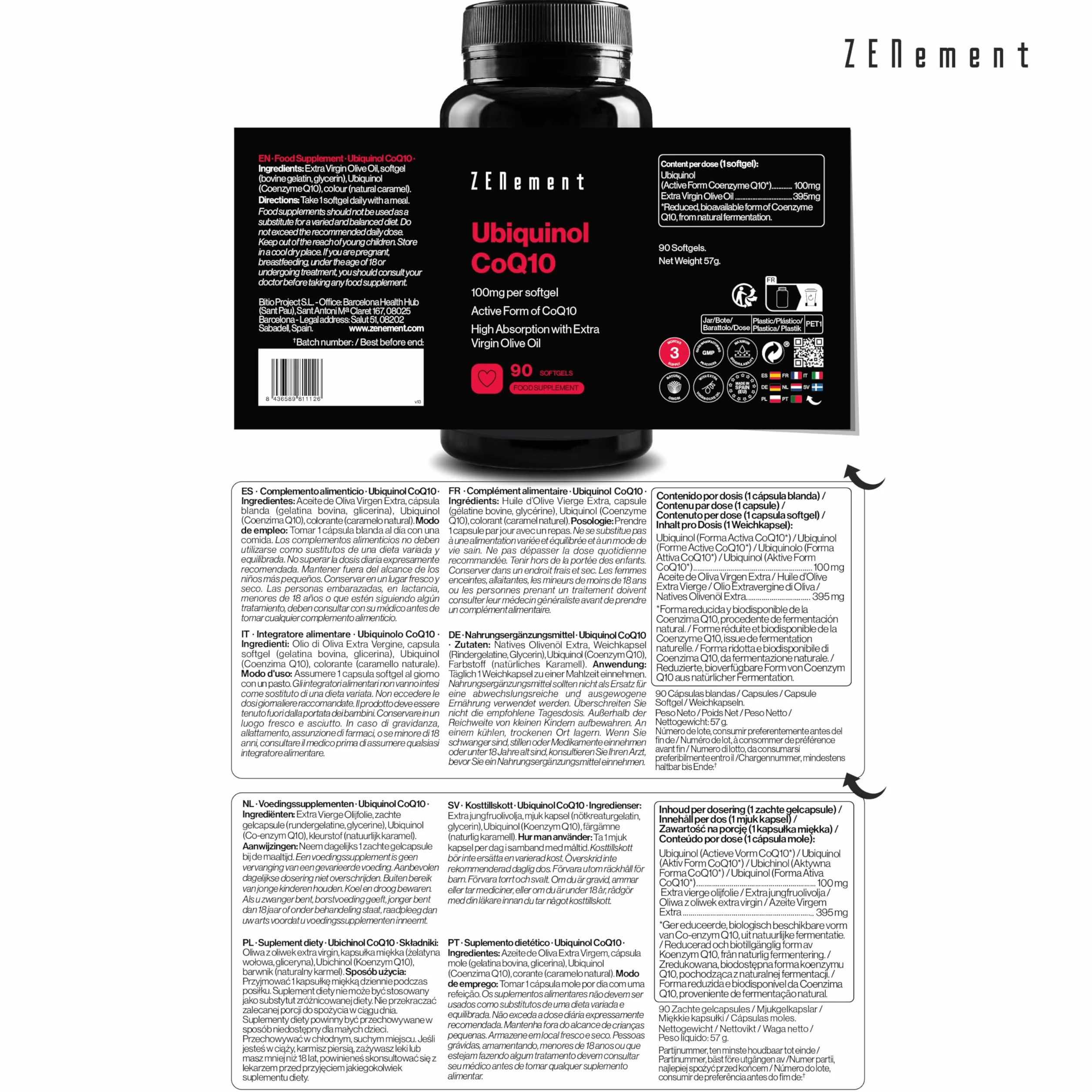 Ubiquinol 100mg – Forme Active et Réduite de la CoQ10 – Haute Absorption avec Huile d'Olive Extra Vierge – 90 Capsules, 3 Mois de Cure – Zenement