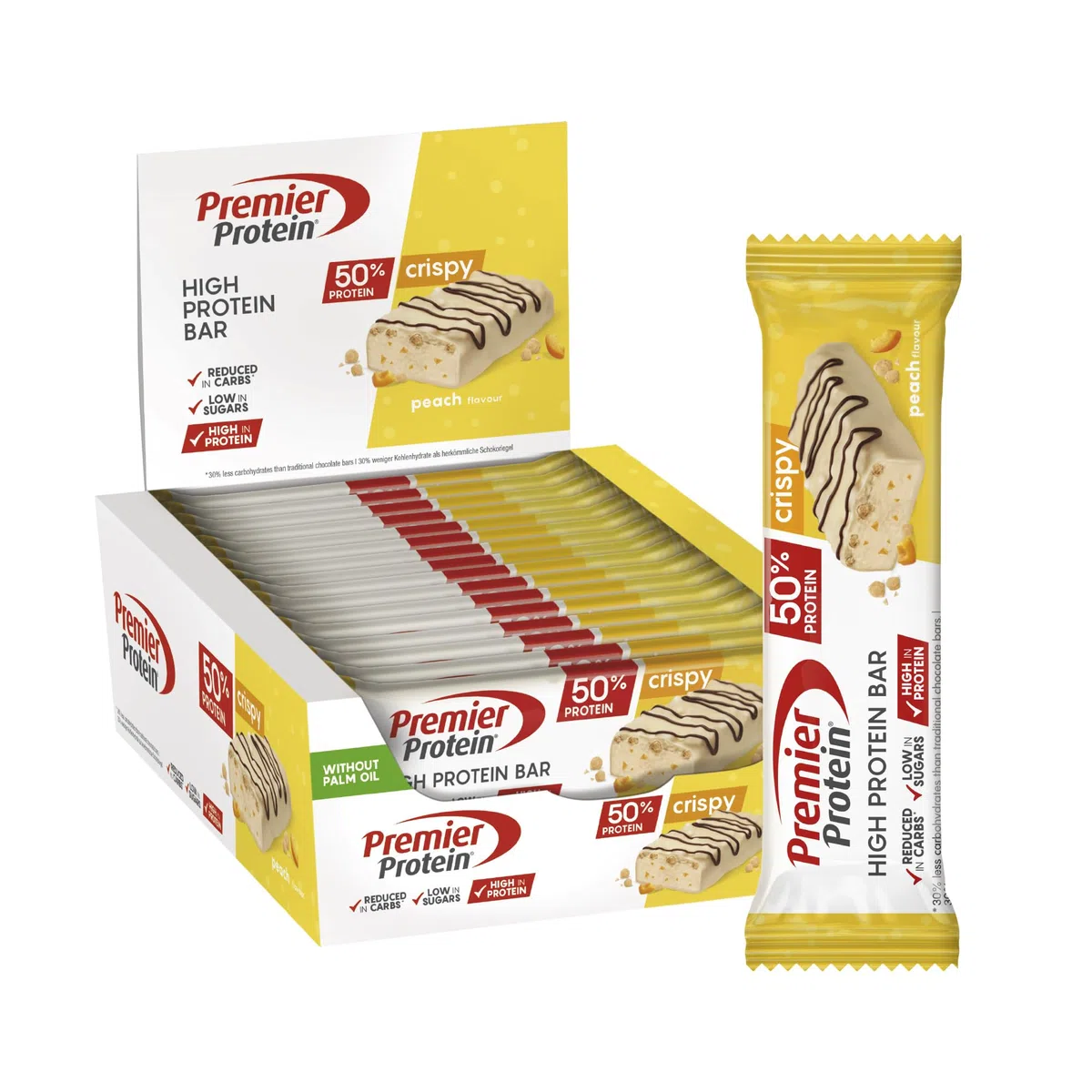 Premier Protein High Protein Bar Crispy Peach 16x40g - High Protein Low Sugar Riegel + Palmölfrei