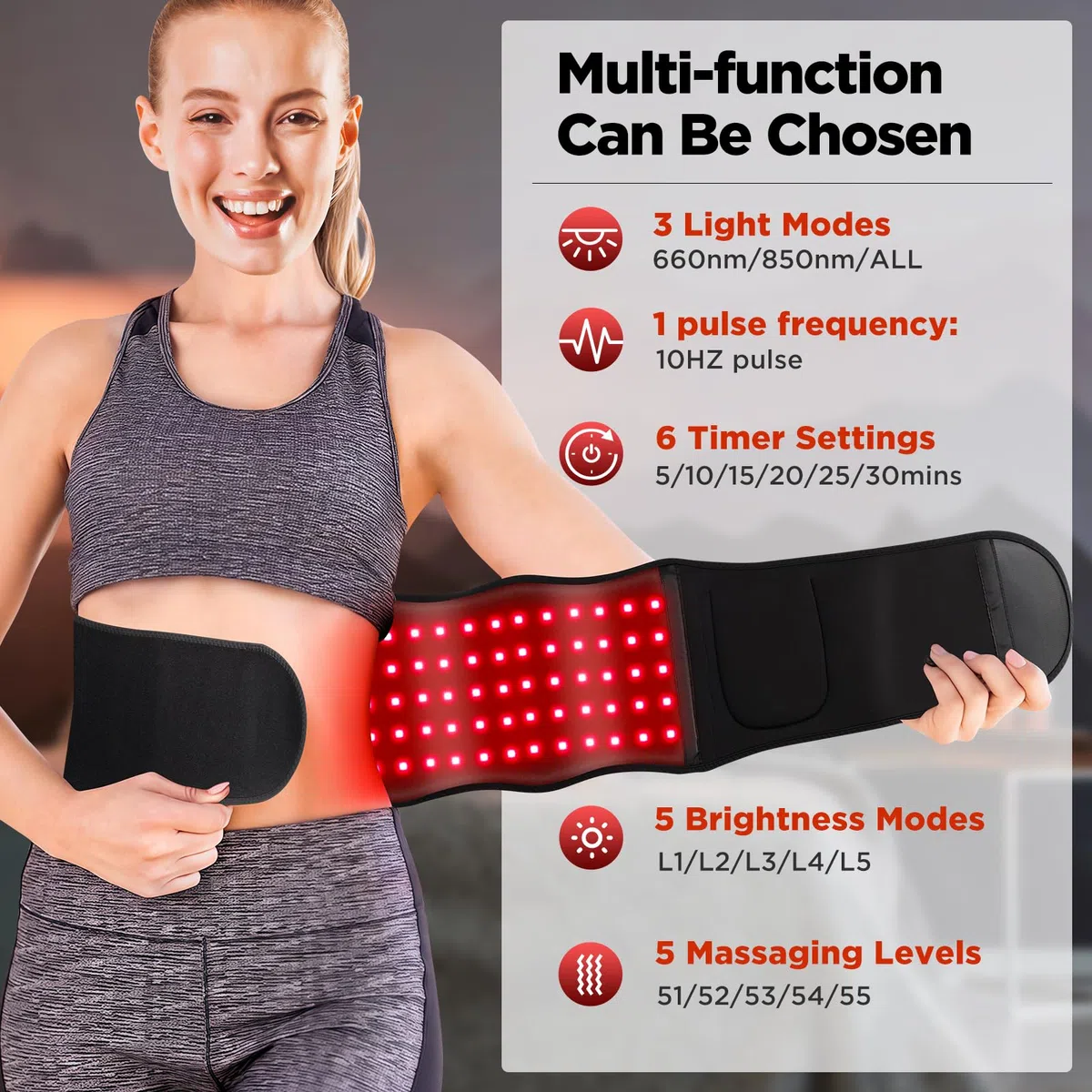 Ceinture De Massage À Lumière Rouge, Lumière Rouge 660nm & Lumière Proche Infrarouge 850nm, Ceinture Taille Avec 6 Réglages Temporels, 3 Modes Lumineux, 5 Niveaux De Massage, 2 Modes D'alimentation