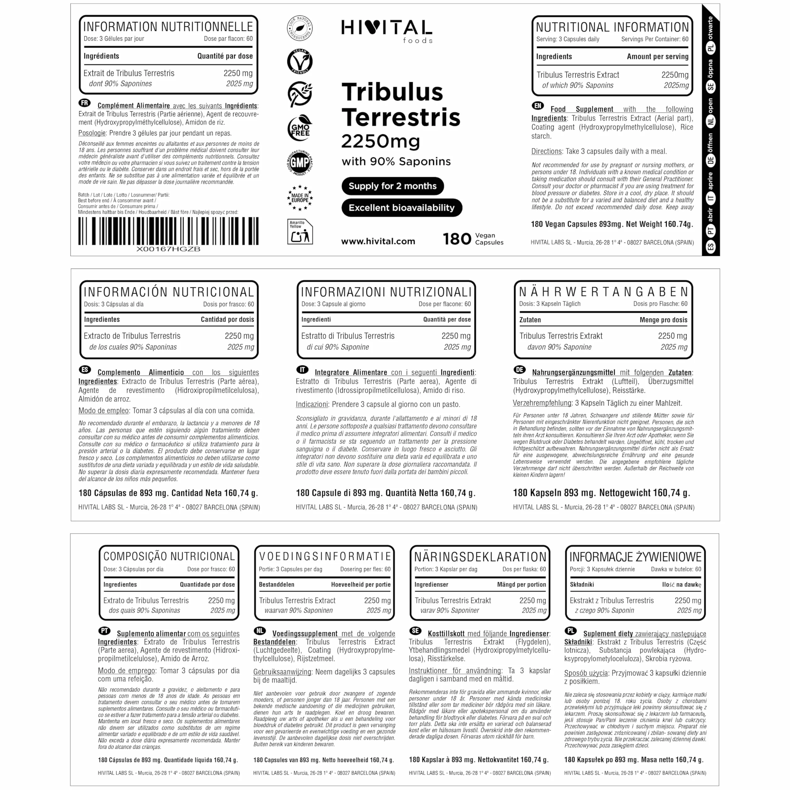 Tribulus Terrestris 2250 mg. 180 gélules vegan pour 2 mois de traitament. Extrait naturel à 90% de saponines à haute teneur en principe actif. Fabriqué en Europe par HIVITAL