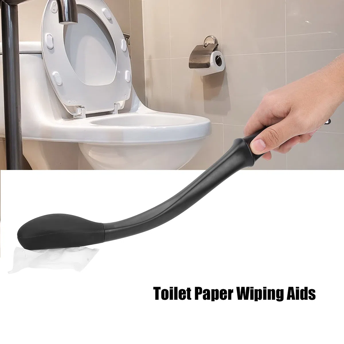 Poignée d'essuyage toilette, Manche long 40 cm, Accessoire confort salle de bain, Poignée antidérapante rigide noire
