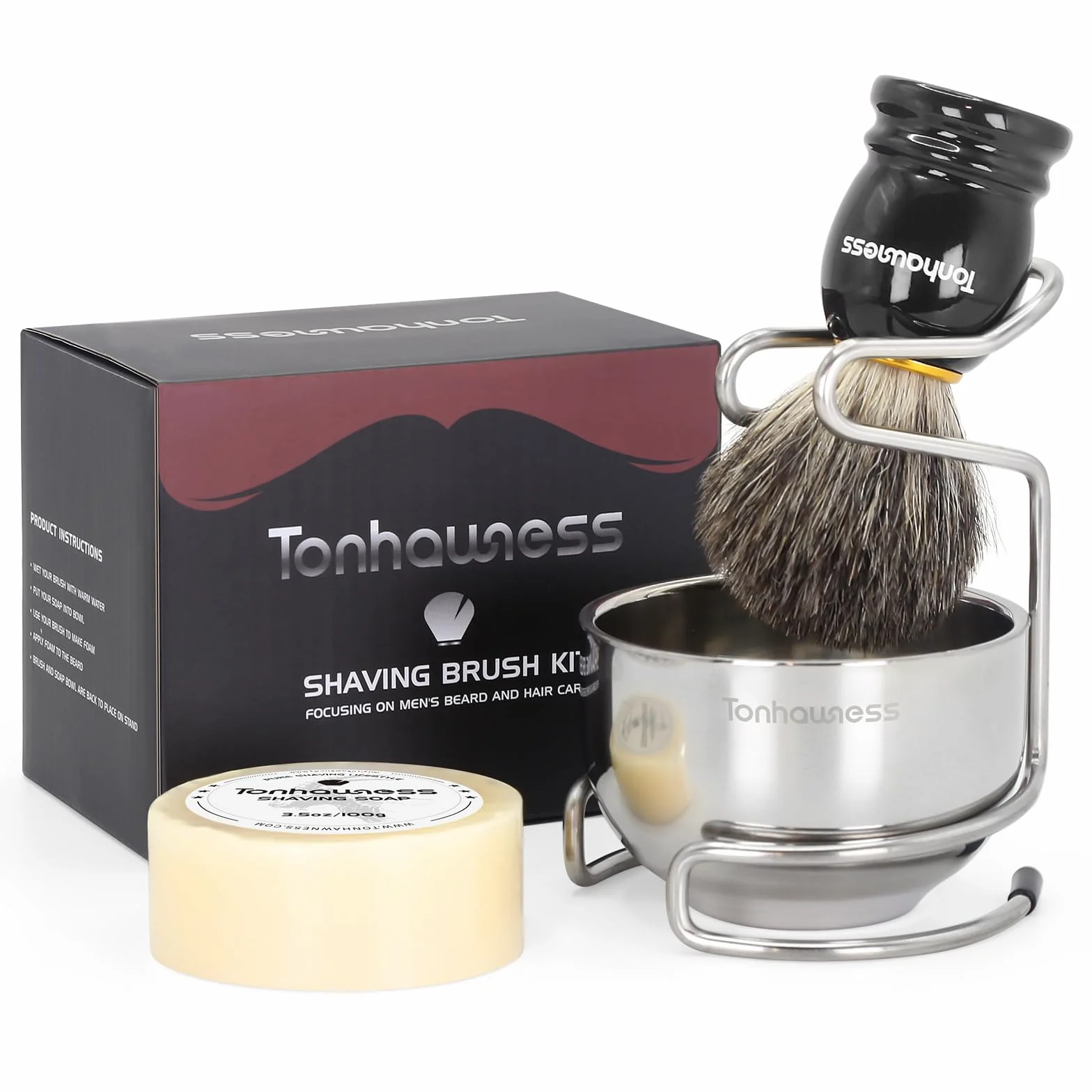 Kit de Rasage Tonhawness pour Homme, Ensemble de Brosses à Raser 4 en 1 Comprenant une Brosse à Raser en Poils de Blaireau, un Bol et Support à Raser en Acier Inoxydable et un Savon à Raser à la
