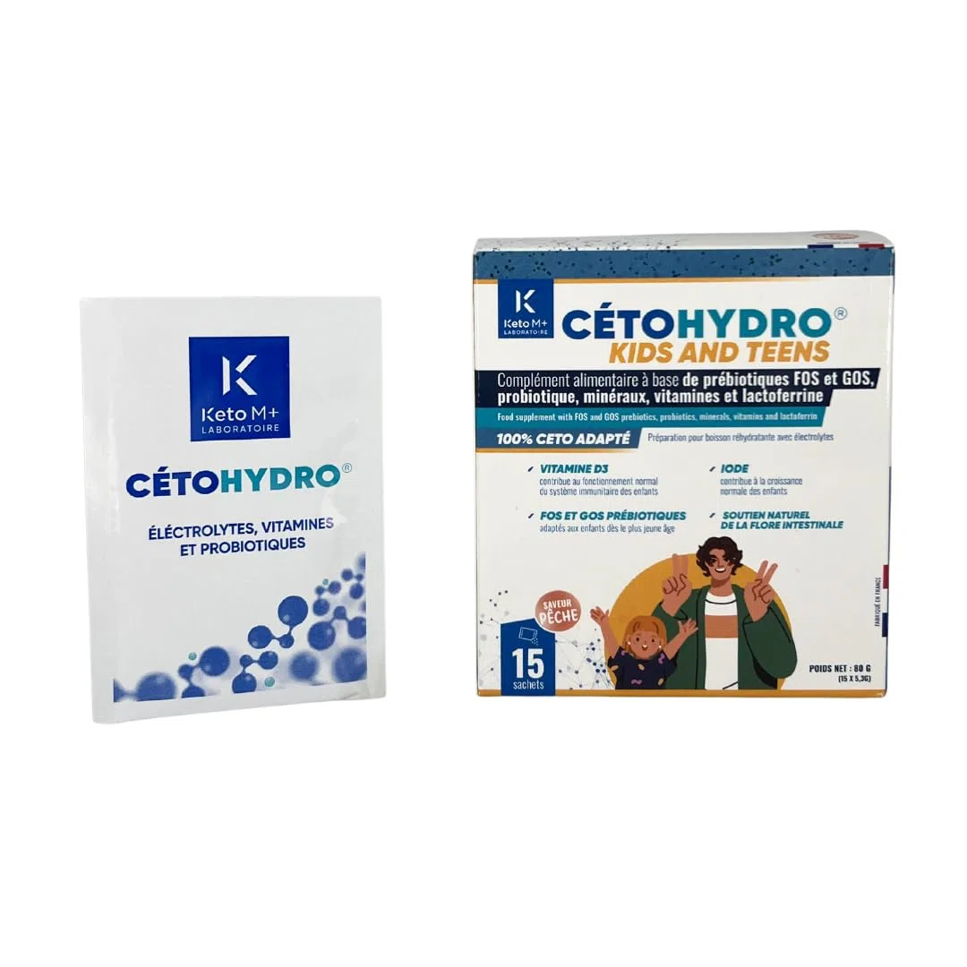 CETOHYDROKIDS Hydratation & Immunité Enfant – Sans Sucre – Électrolytes, Probiotiques & Lactoferrine – Saveur Pêche– 15 Sachets