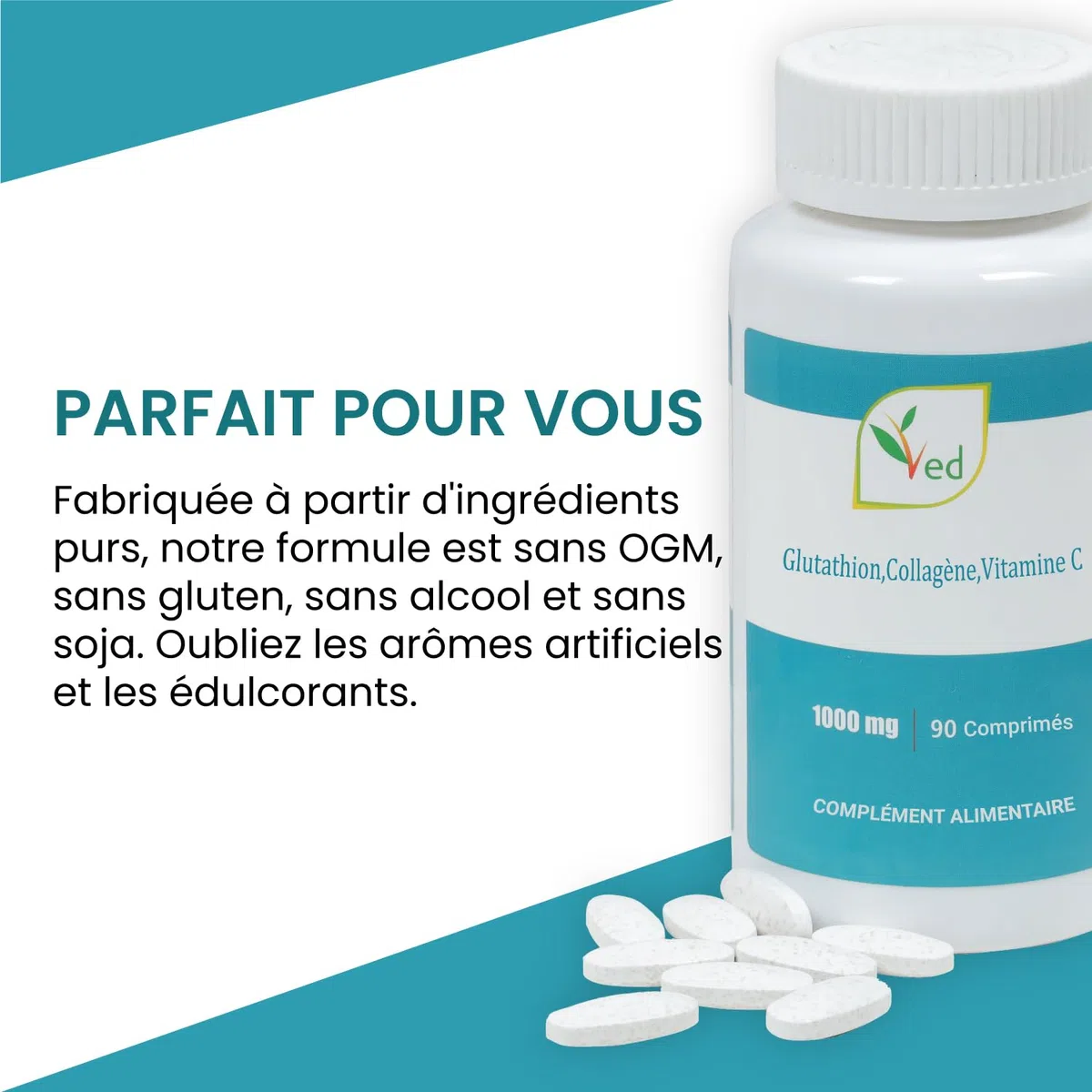 VED L-Glutathion réduit, Collage, Comprimés de vitamine C | 1000 mg x 90 comprimés