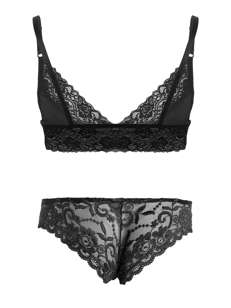 iiniim Sissy Lingeries Homme sous Vêtement Ensemble Dentelle Lingiere Transparent Bra Soutiens-Gorge avec String Travesti Nuisette M-4XL Noir J XL