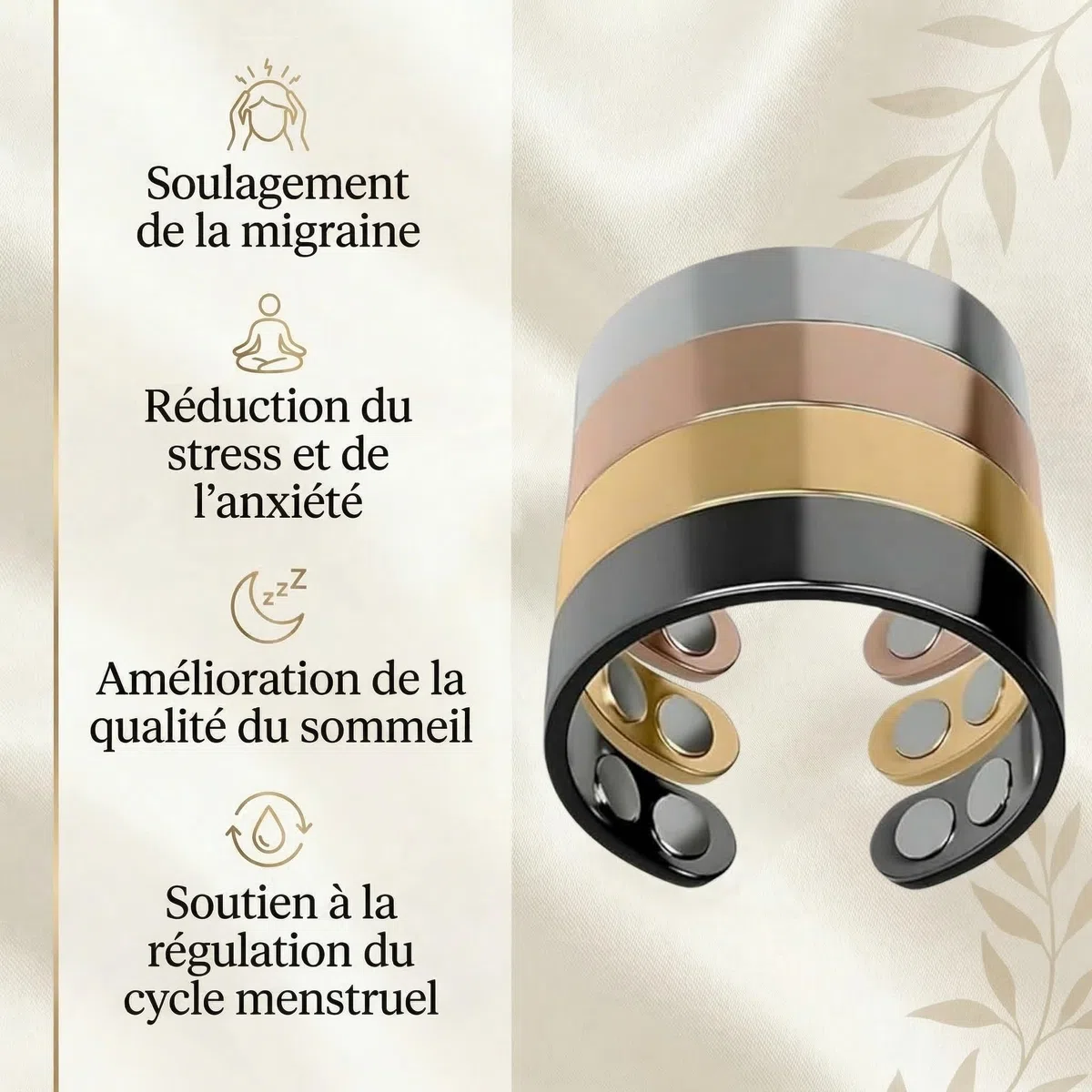 Vitalring Bague Anti Stress Magnétique Femme - Anneau d'Acupression avec 4 Aimants Néodyme pour Ménopause, Sommeil et Équilibre Hormonal au Quotidien (Black)