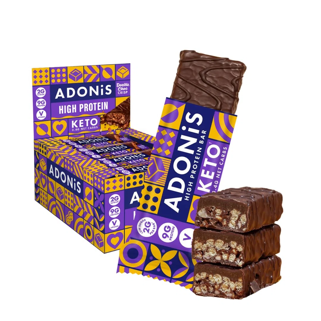Barres Adonis Keto Riches en Protéines aux Noisettes Croquantes et Chocolat (16 Barres de 45g) | Végétalien et Keto l 100% Naturel (Double Chocolat)