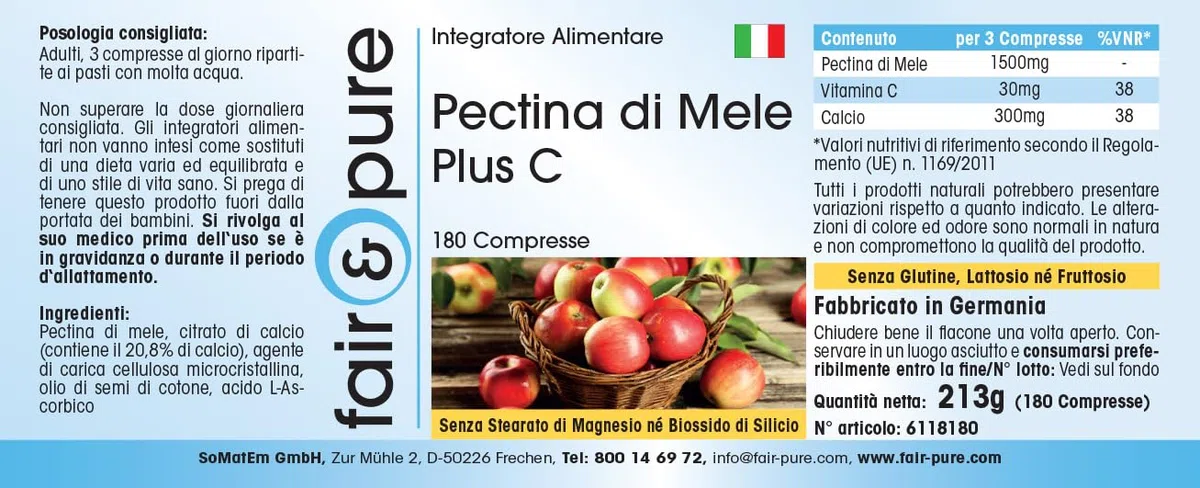 Fair & Pure® - Pectine de Pomme Plus C et calcium - Végan - fibres naturelles - 180 comprimés - emballage pour 2 mois
