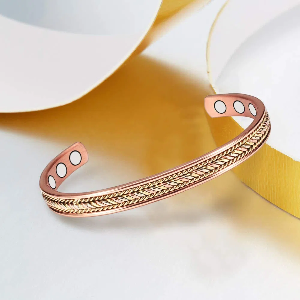 EnerCoppeX Bracelet en cuivre magnétique tressé 3 tons de 16,5 cm - Bracelet magnétique en cuivre massif 99,99 - 8 aimants (3500 Gauss) - Taille réglable - Unisexe