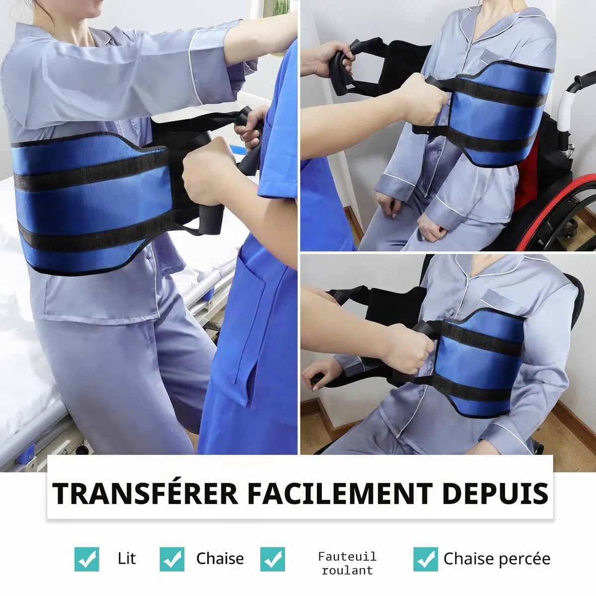 LOSCHEN Sangle de transfert de 110 cm, pour personnes handicapées, personnes âgées, gériatriques, blessées, en toute sécurité, en voiture, fauteuil roulant, lit (bleu, extra large)