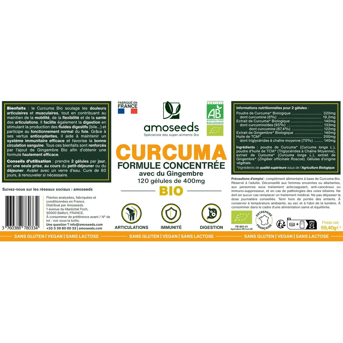 Curcuma BIO Haute Concentration | Avec Gingembre Bio | Curcumine Haute Absorption | Sans Pipérine | Articulations | 120 Gélules | Qualité Supérieure