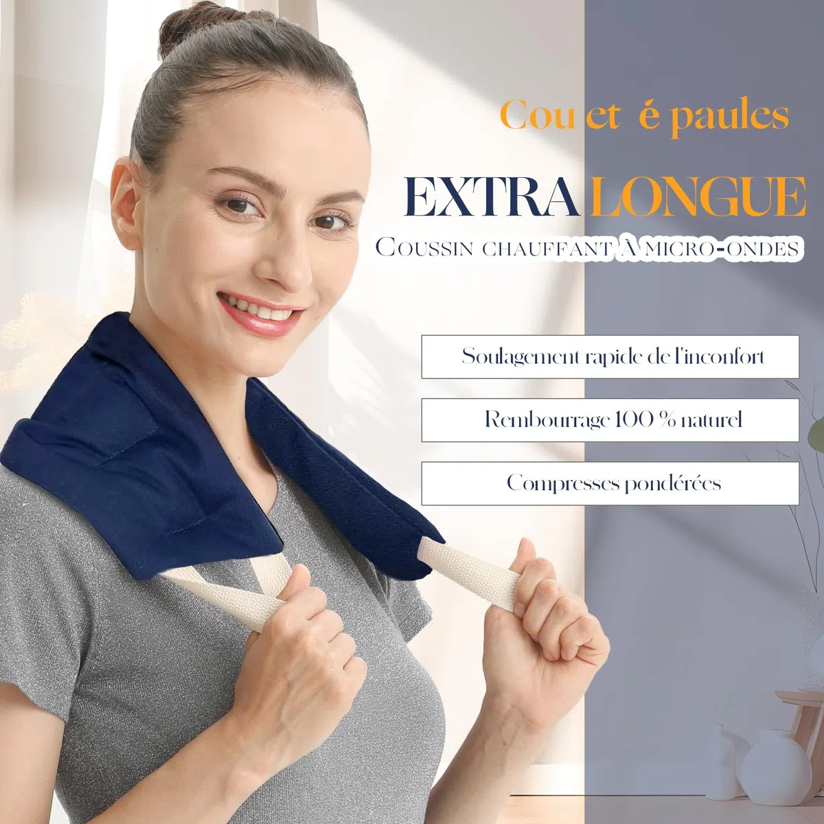 uncn Longue Coussin Chauffant du cou Cervicales Micro Onde, Bouillotte Micro-Onde, graine de lin,noyaux cerises,grande poche chauffante nuque epaule et dos,ventre