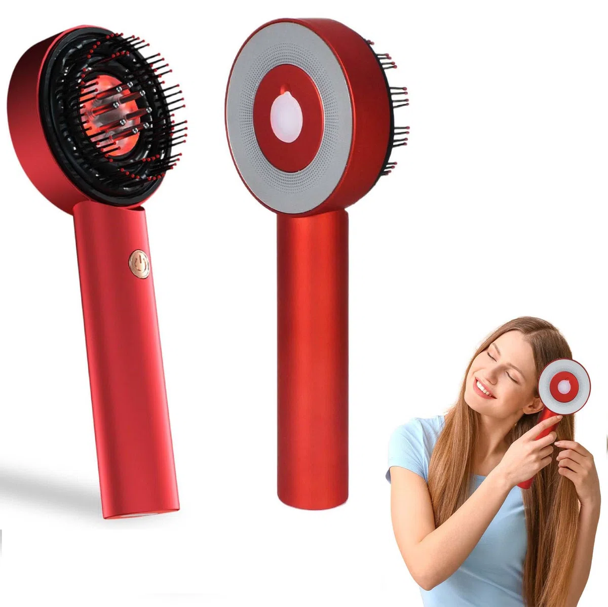 Brosse Massage Cuir Chevelu Électrique, Masseur Tête avec Lumière Rouge & Bleue, Applicateur Huile Cheveux 6 ml, 3 Modes de Pétrissage, IPX7 Étanche – pour la Détente du Cuir Chevelu, Rouge