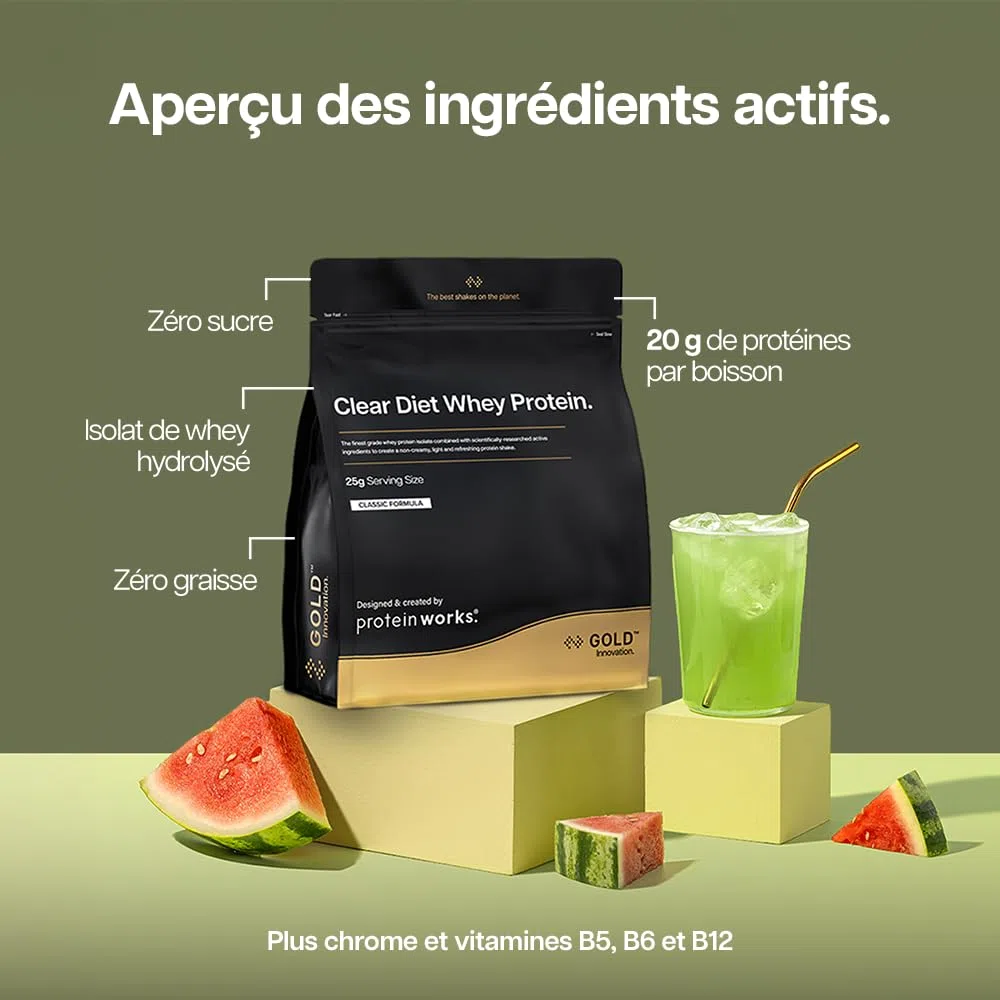 Protein Works – Poudre d'isolat de protéine de lactosérum Clear Diet, thé glacé à la pêche, 20 shakes, boisson rafraîchissante à haute teneur en protéines, 500 g
