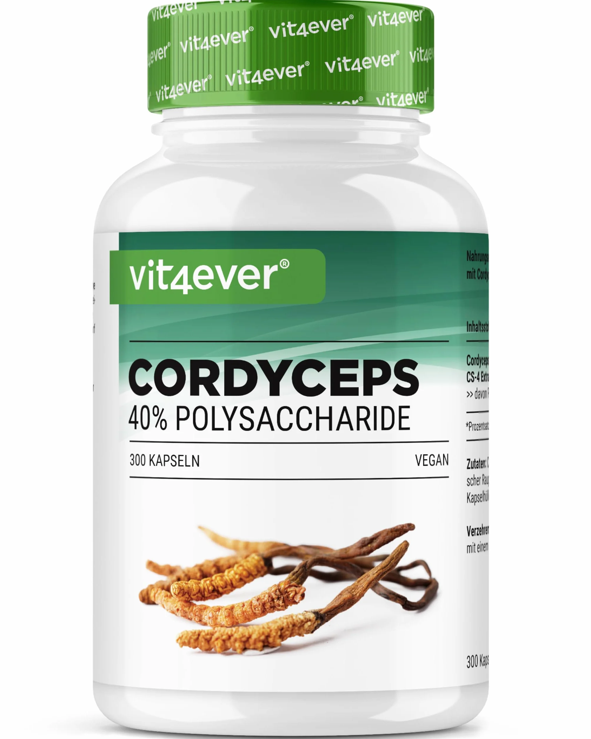 Champignon Cordyceps - 300 capsules avec 650 mg de Véritable Extrait de CS-4-40% de Polysaccharides Bioactifs - Haute Dose - Champignon Chenille - Vegan