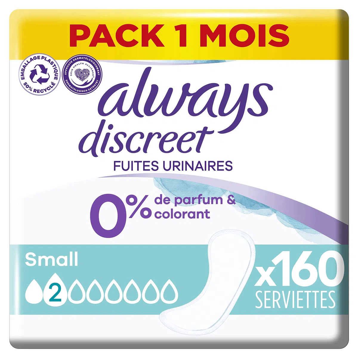Always Discreet 0%, 160 Serviettes Hygiéniques Incontinence Femme, Small 2 Gouttes, Protection Absorbante pour Fuites Urinaires Légères ou post accouchement, Pack 1 Mois