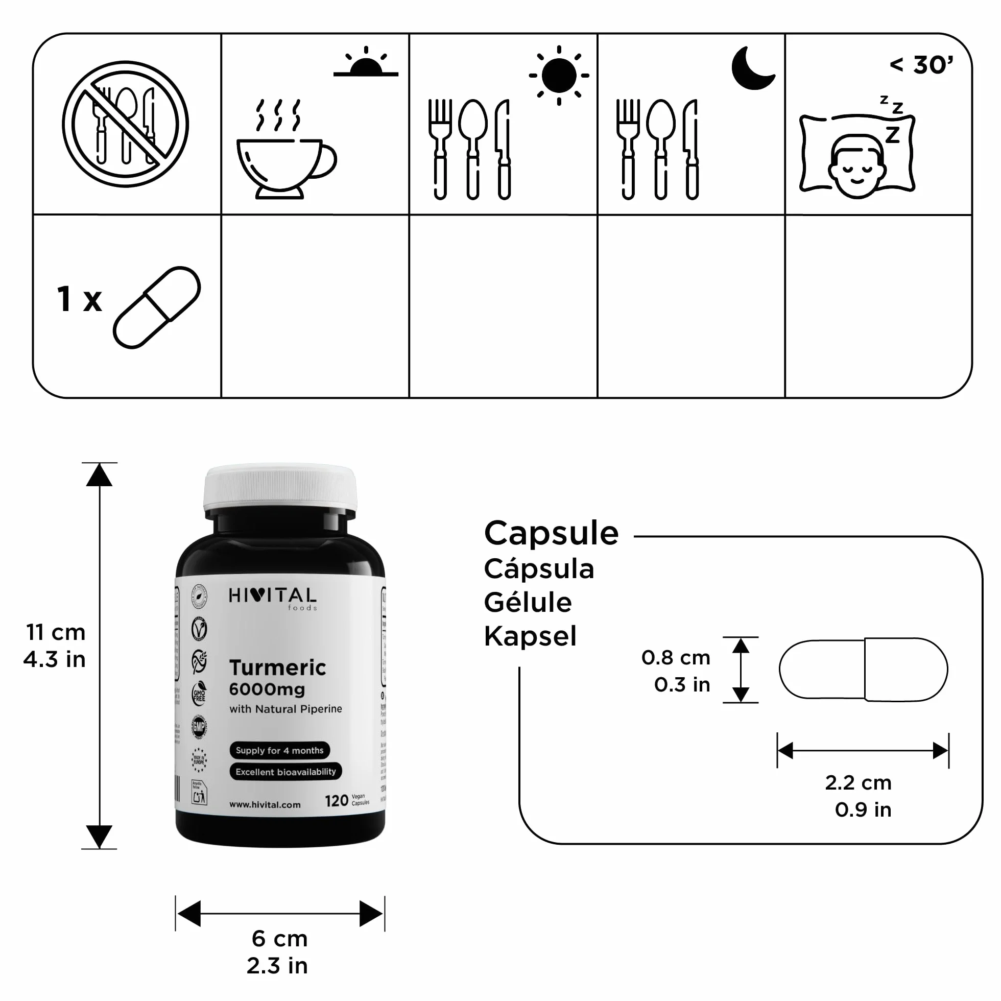 Curcuma Extrait concentrée 6000 mg avec 285 mg de Curcumine et Poivre Noir. 120 gélules végétales pour 4 mois de traitament. Fabriqué en Europe par HIVITAL