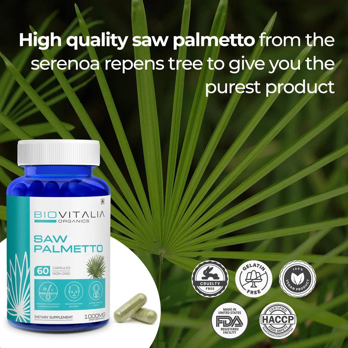 Biovitalia Saw Palmetto Extract Capsules 1000mg Dietary Supplement for Hair Growth | Supports Prostate Health & Urinary Function | Good & Natural Support for Men & Women - 60 Veg Capsules