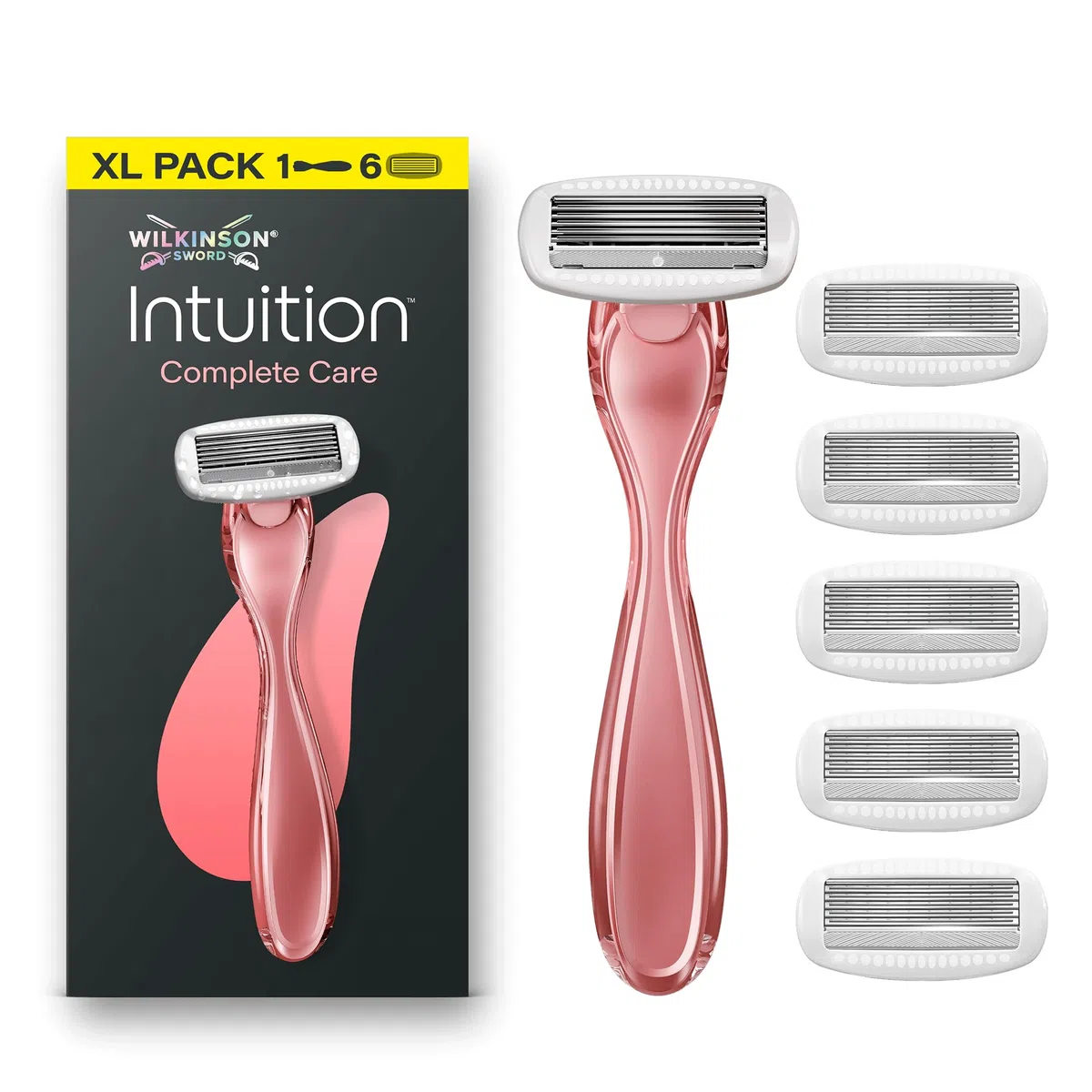 Wilkinson Sword Intuition Complete Care, rasoir pour femme, 6 recharges, XL | Rasoirs peau sensible pour femme avec 5 lames Ultra Glide, sérum Hydra-Boost, acide hyaluronique, formule végane, 6 recharges