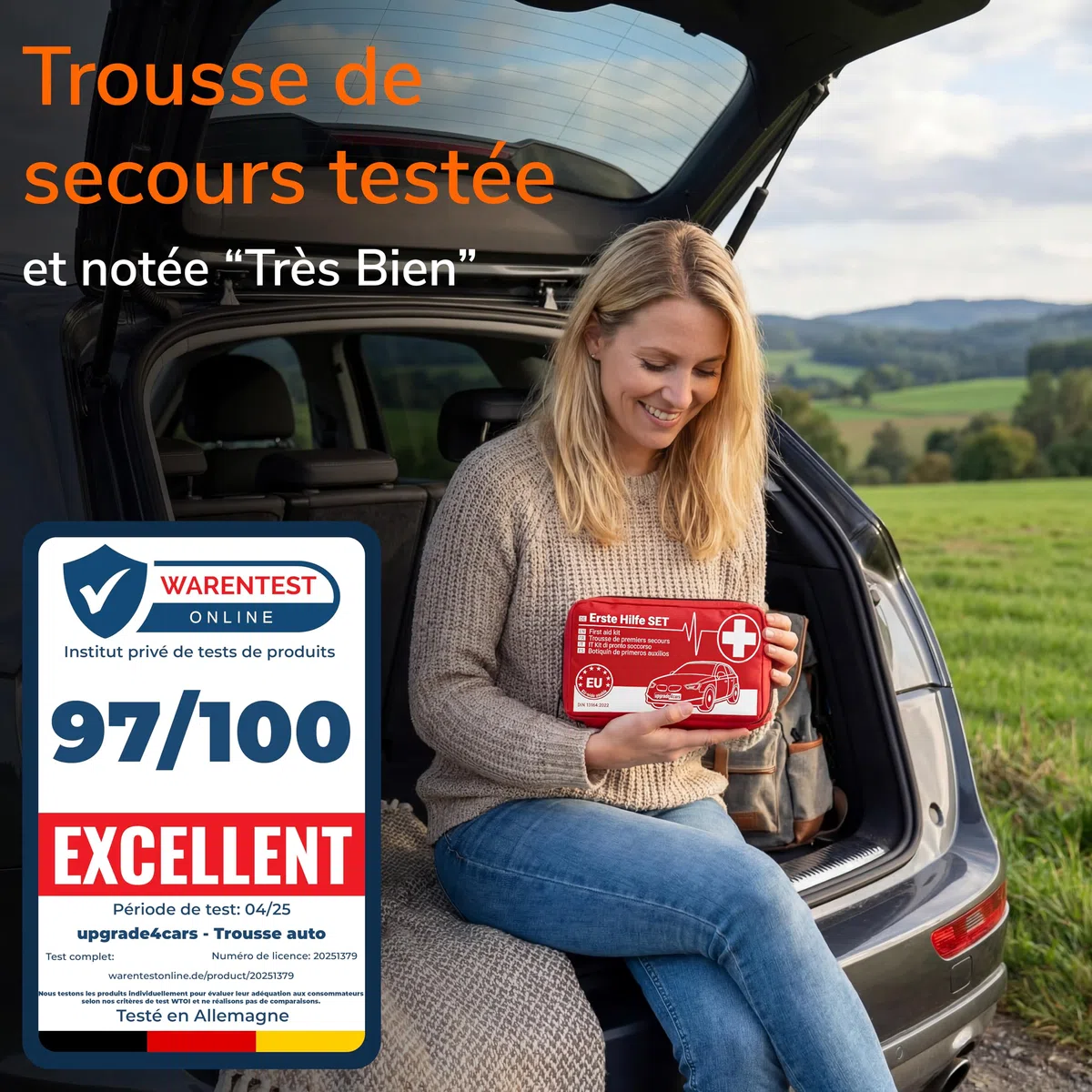 Upgrade4cars Trousse de Secours Auto 2026 DIN 13164 Kit Valable dans Toute l'Europe | Sac de Pansements également pour la Maison & en Déplacement