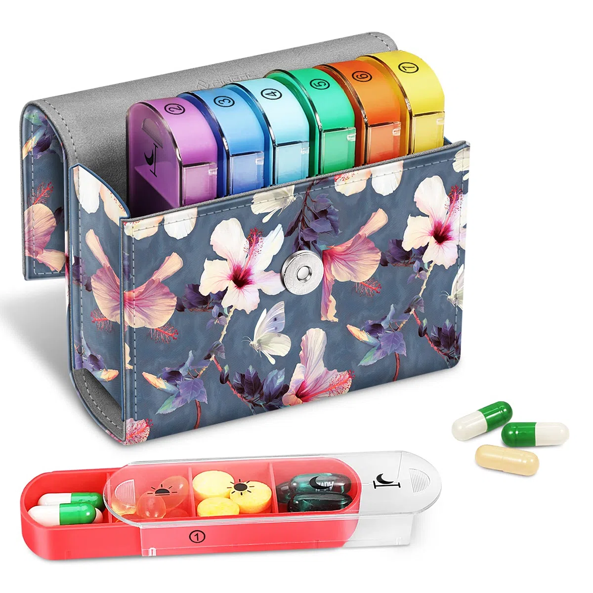 FINPAC Pilulier hebdomadaire avec sacoche en cuir PU, 7 Jours 4 fois par jour Organisateur de pilule de voyage avec carte Nom pour Matin Midi Soir Coucher pour pour vitamines, médecine, Fleur Hibiscus
