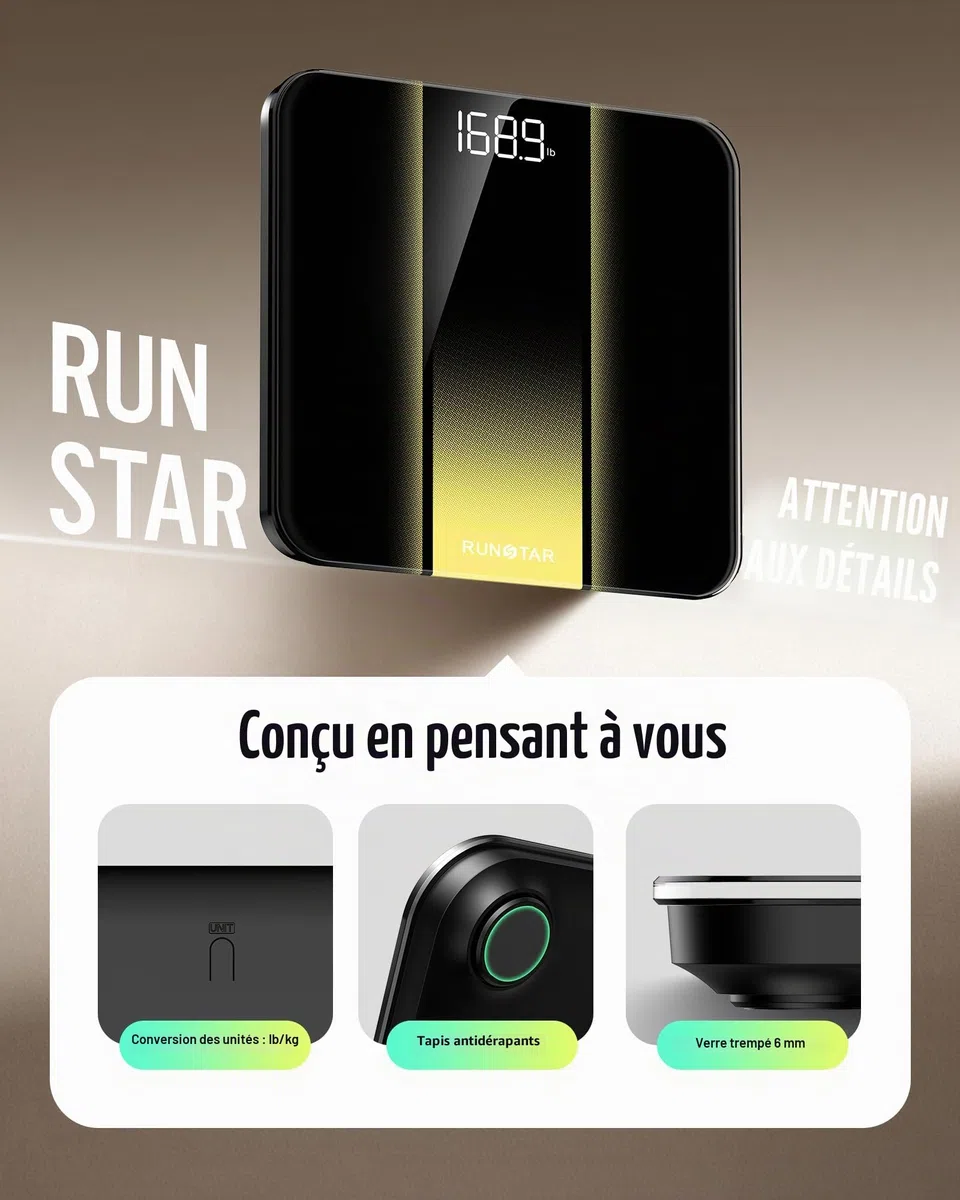 RunSTAR Balance Pese Personne, Haute précision avec grand écran rétroéclairé à LED clair, Pese personnes avec verre trempé de 6 mm, 180kg/400lb
