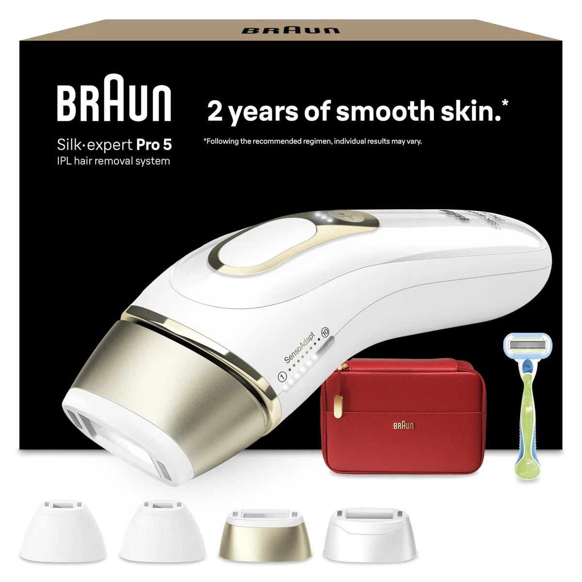 Braun Epilateur Lumiere Pulsee Silk·expert Pro 5 PL5382, Blanc et Or | Alternative au Laser à Domicile, Filaire, avec Pochette, Rasoir Gillette Venus, 4 Têtes