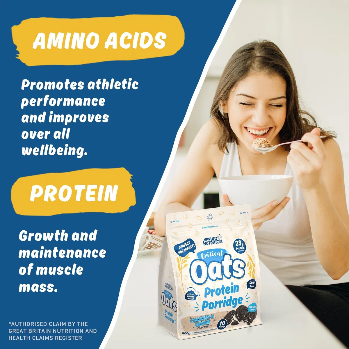 Applied Nutrition Critical Oats Porridge Protéiné, Protéine de Whey, Protéines de Lactosérum en Poudre avec Avoine Complète, Isolat de Protéines ISO-XP, Acides Aminés (600g, Cookie & Cream)