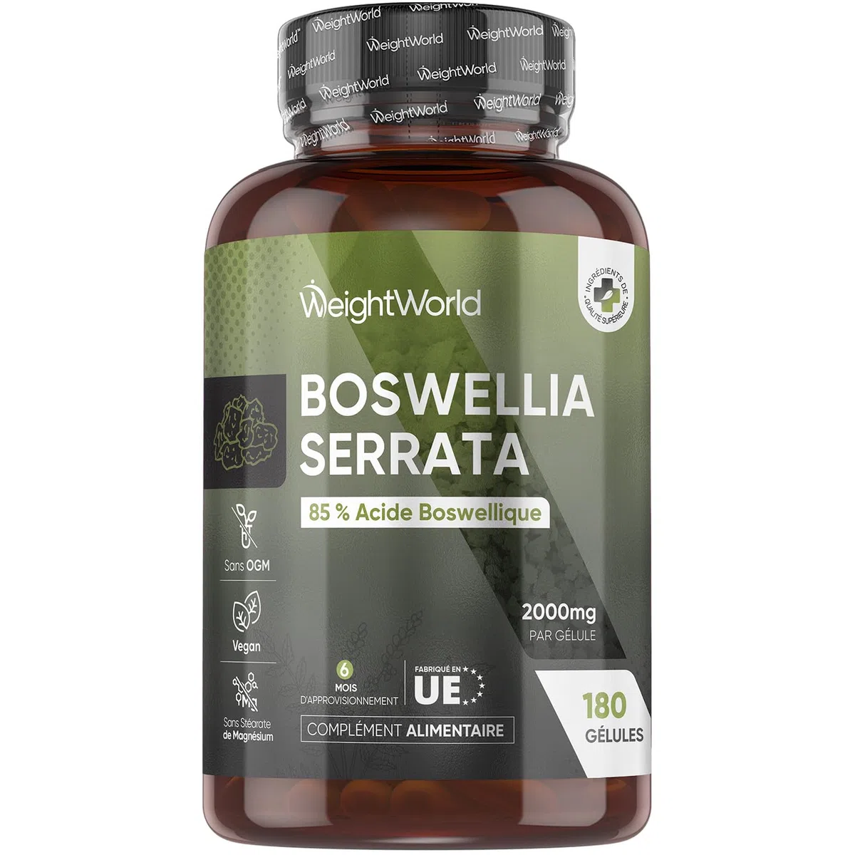 Boswellia Serrata Gélules 2000mg 180 Gélules Vegan avec 85% d’Acide Boswellique - Extrait de Poudre de Boswellia (5:1) Équivalent à 400mg - sans OGM ni Gluten, sans Lactose ni Additifs - pour 6 Mois