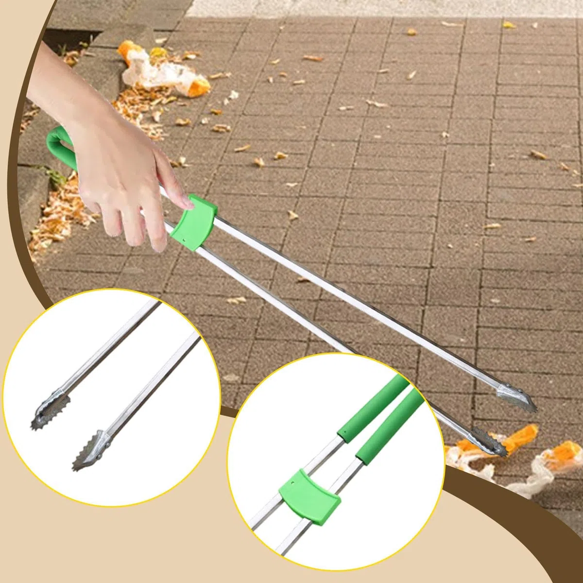 Pince à Déchets Double Tige Acier Inoxydable 91cm, Ramasse-Détritus Longue Portée pour Personnes Âgées, Outil Nettoyage Ergonomique, pour Rue, Jardin Ou Étang, Tige En Acier