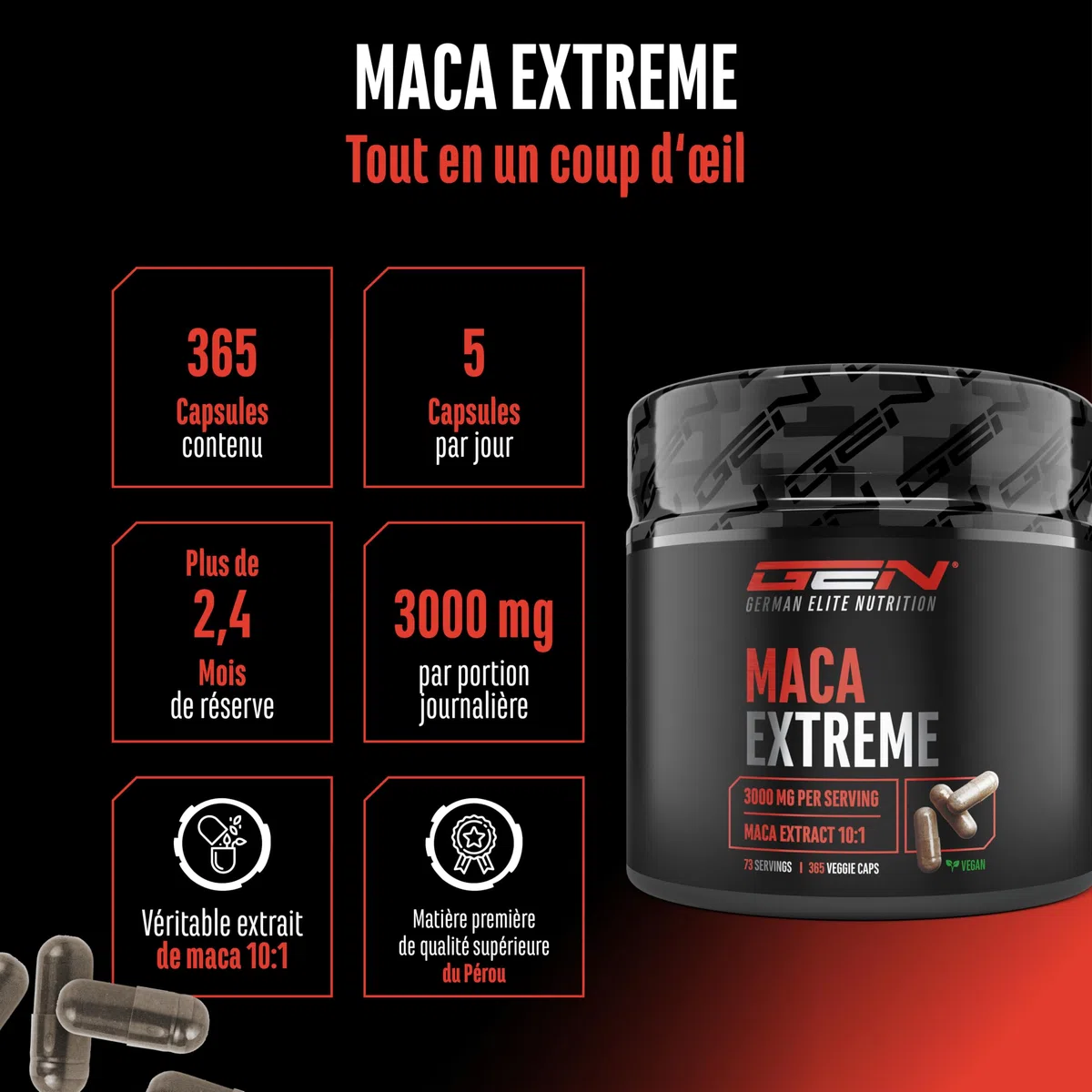 capsules de Maca Extrême - 365 capsules - Haute Dose avec 30.000mg par Portion Journalière - Extrait Spécial 10:1 - Vegan - German Elite Nutrition