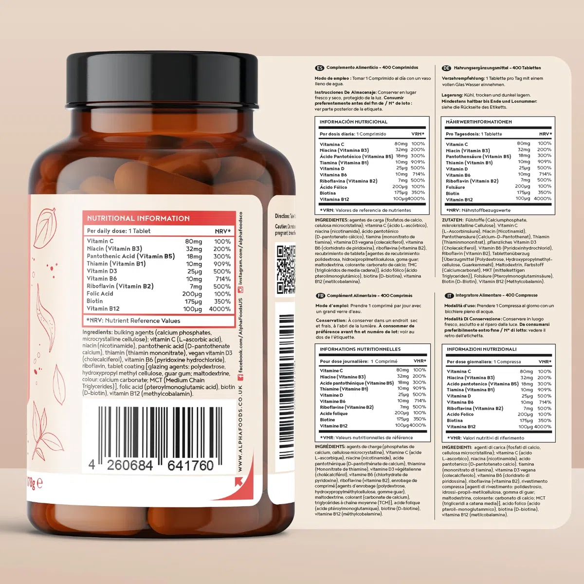 Vitamine B Complex | 400 Comprimés Végétaliens (+ 1 An) | 8 B Vitamines (B1, B2, B3, B5, B6, B12, Biotine, Acide Folique) avec Vit C & D3 | Énergie, Métabolisme & Système Nerveux (EFSA) | Alpha Foods