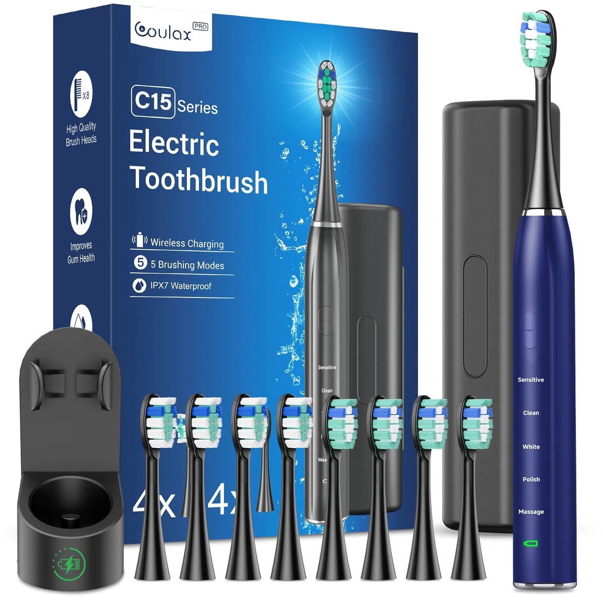 Brosse à dents électrique sonique pour adulte - Brosse à dents électrique à ultrasons avec étui de voyage et station de charge - Avec 8 têtes de brosse, 5 modes de brossage - 40 000 VPM