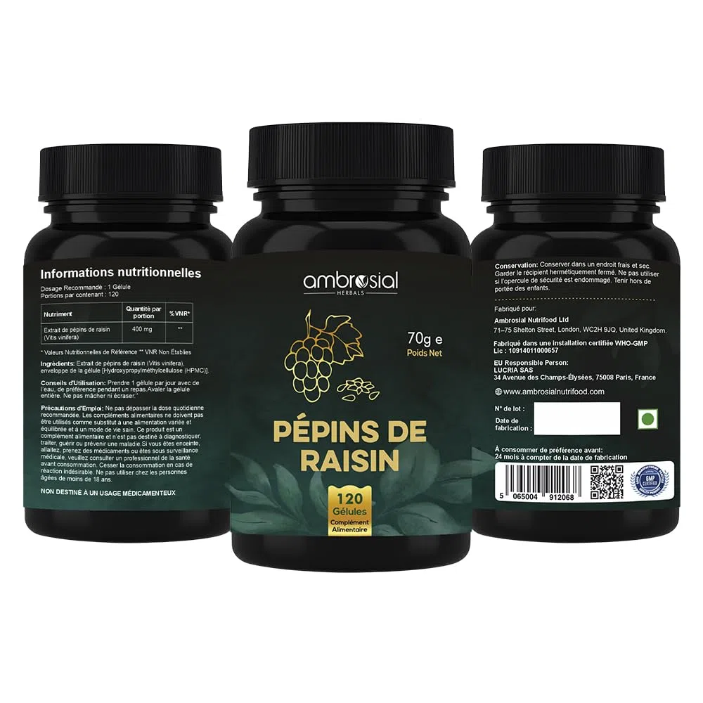 Ambrosial Capsules d'extrait de pépins de raisin | 95% polyphénols OPC | Supplément de pépins de raisin haute résistance | Antioxydant puissant | Lot de 1 à 120 capsules végétaliennes