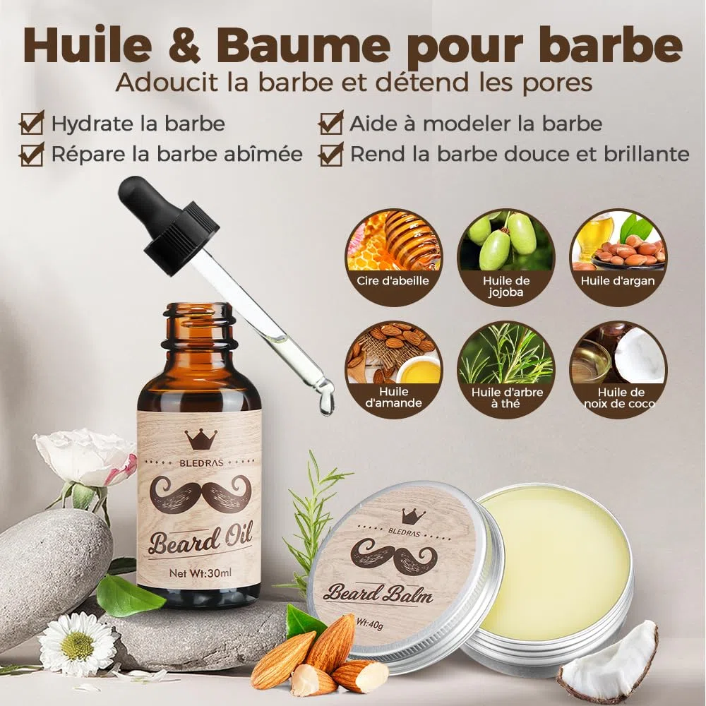 Bledras Kit Barbe Homme 13 en 1, Coffret Barbe Homme avec Huile à Barbe, Shampoing à Barbe, Crème à Barbe, Crayon à Barbe, Ciseaux à Barbe, Brosse à Barbe, Peigne à Barbe, Rasoir, 5 Lames de Rasoir