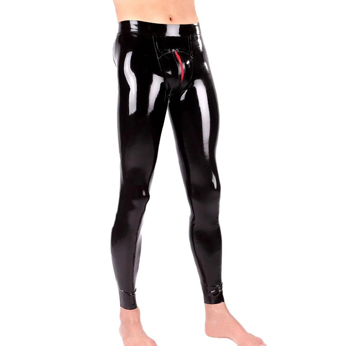 IOKUKI Leggings en Latex pour Hommes,Pantalons en Latex Noirs avec Fermeture éclair Rouge à l'entrejambe