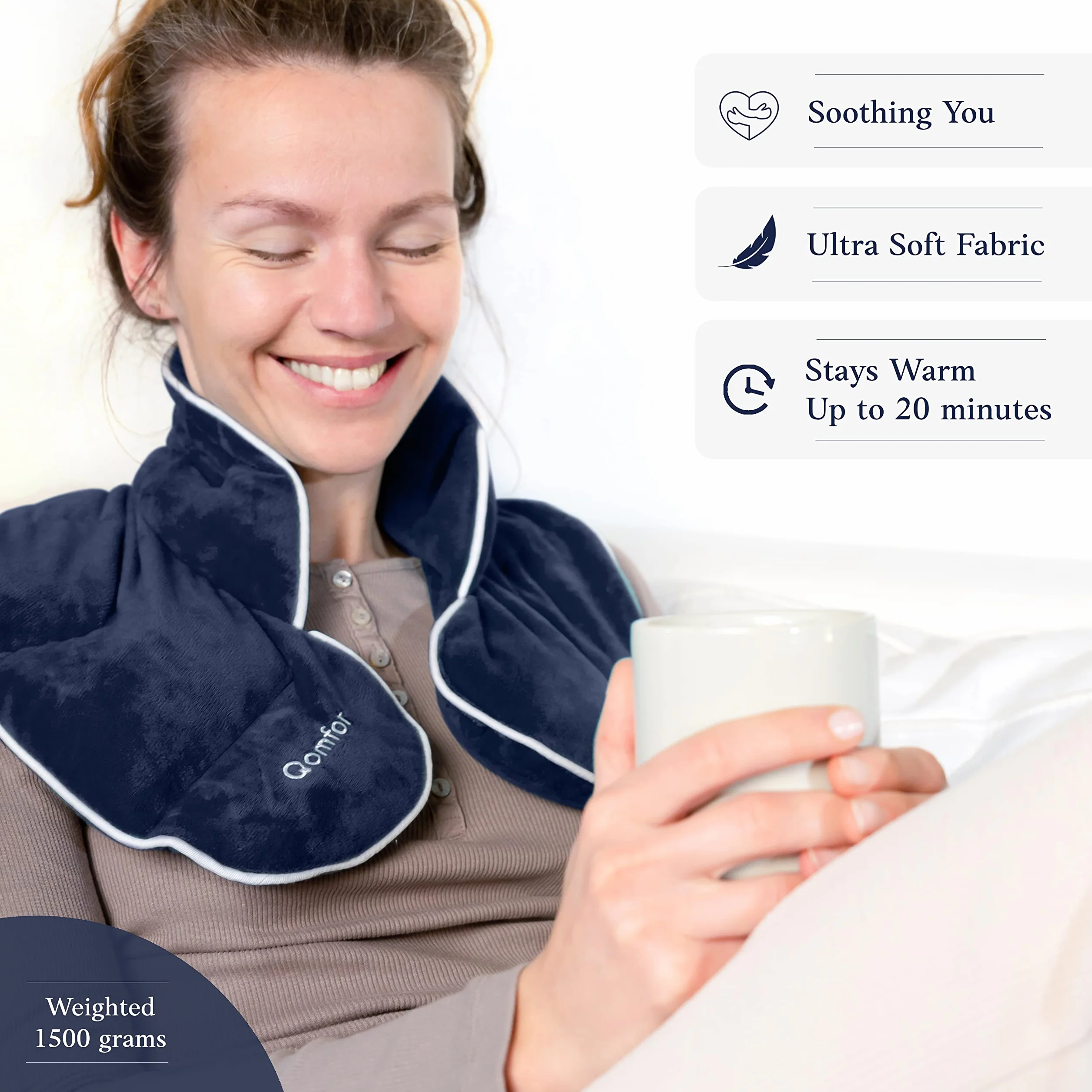 Qomfor - Coussin chauffant pour micro-ondes - Bleu foncé, parfum lavande - Couvre-nuque/épaules lesté de 1,5 kg - Thérapie par le chaud/le froid, soulagement de la douleur