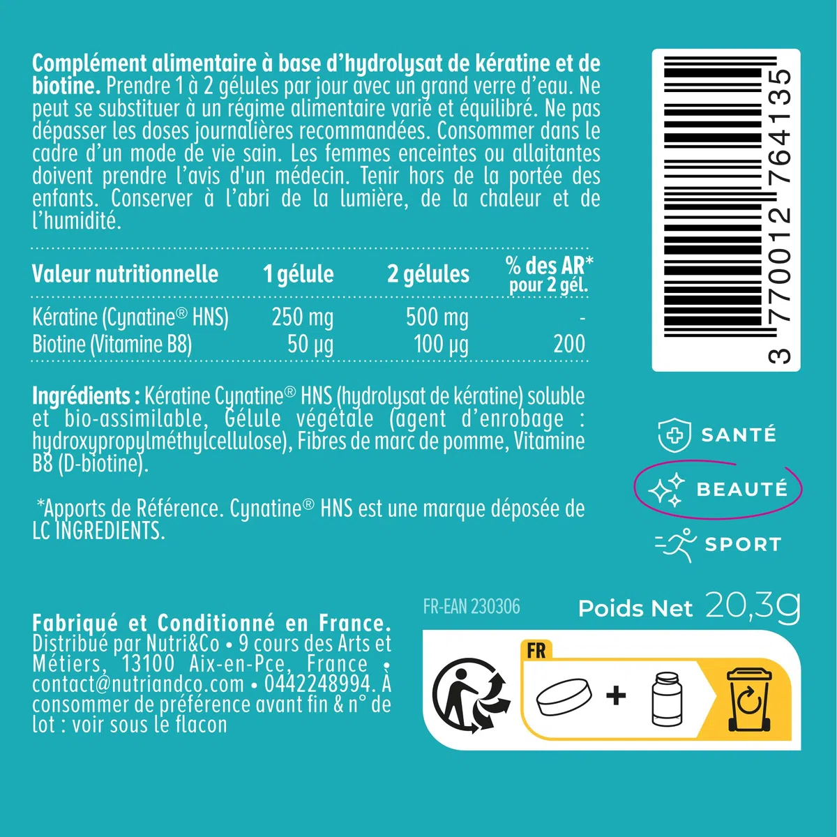 NUTRI & CO Biotine Cheveux avec Kératine Brevetée + Vitamine B8 - Accélère la Pousse des Cheveux & des Ongles - Complément Alimentaire pour Cheveux - 60 gélules Vegan Fabriqué en France