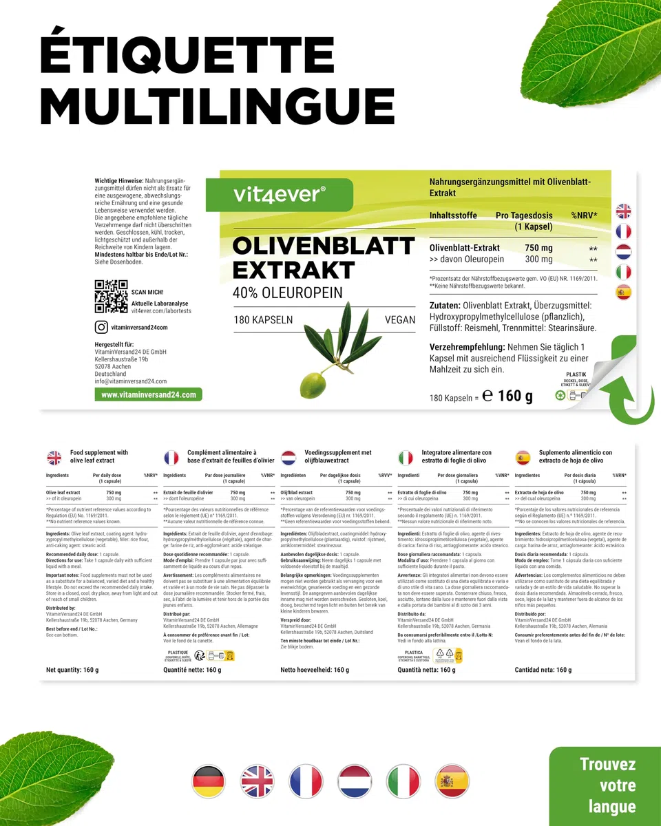 vit4ever Extrait de Feuilles d'Olivier - 180 capsules de 750 mg chacune - Extrait de Feuilles d'Olivier avec 40% d'Oleuropéine = 300 mg - Fortement Dosé - Vegan