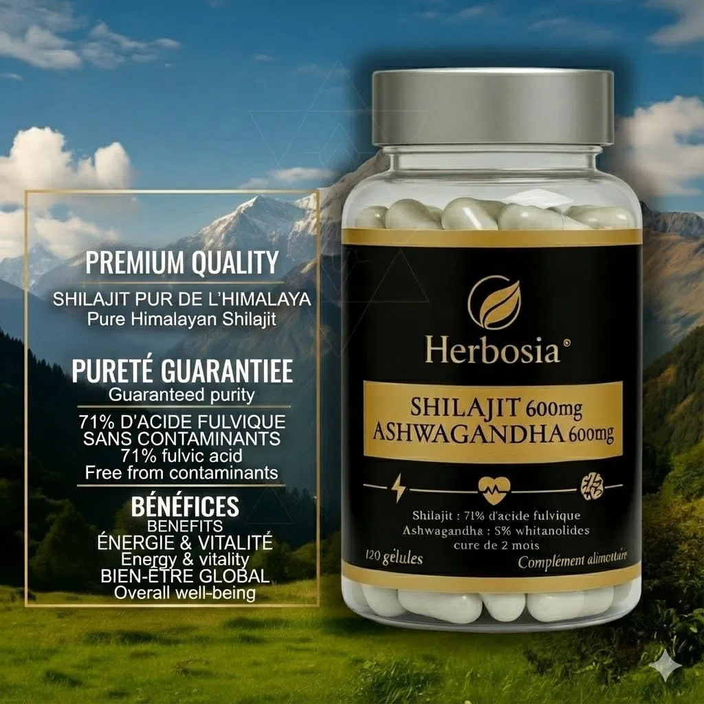 Shilajit 600 mg + Ashwagandha 600 mg – Complément Ayurvédique Origine Himalaya | 71% Acide Fulvique & Oligo-Éléments Naturels | Énergie, Vitalité & Anti-Stress | 120 Gélules