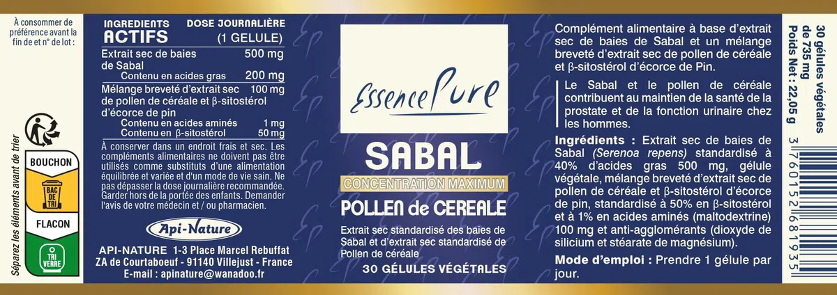 Saw Palmetto Essence pure | Sabal & Pollen de Céréales | Santé Prostate | Riche en Acides Gras | 30 Gélules | Api-Nature