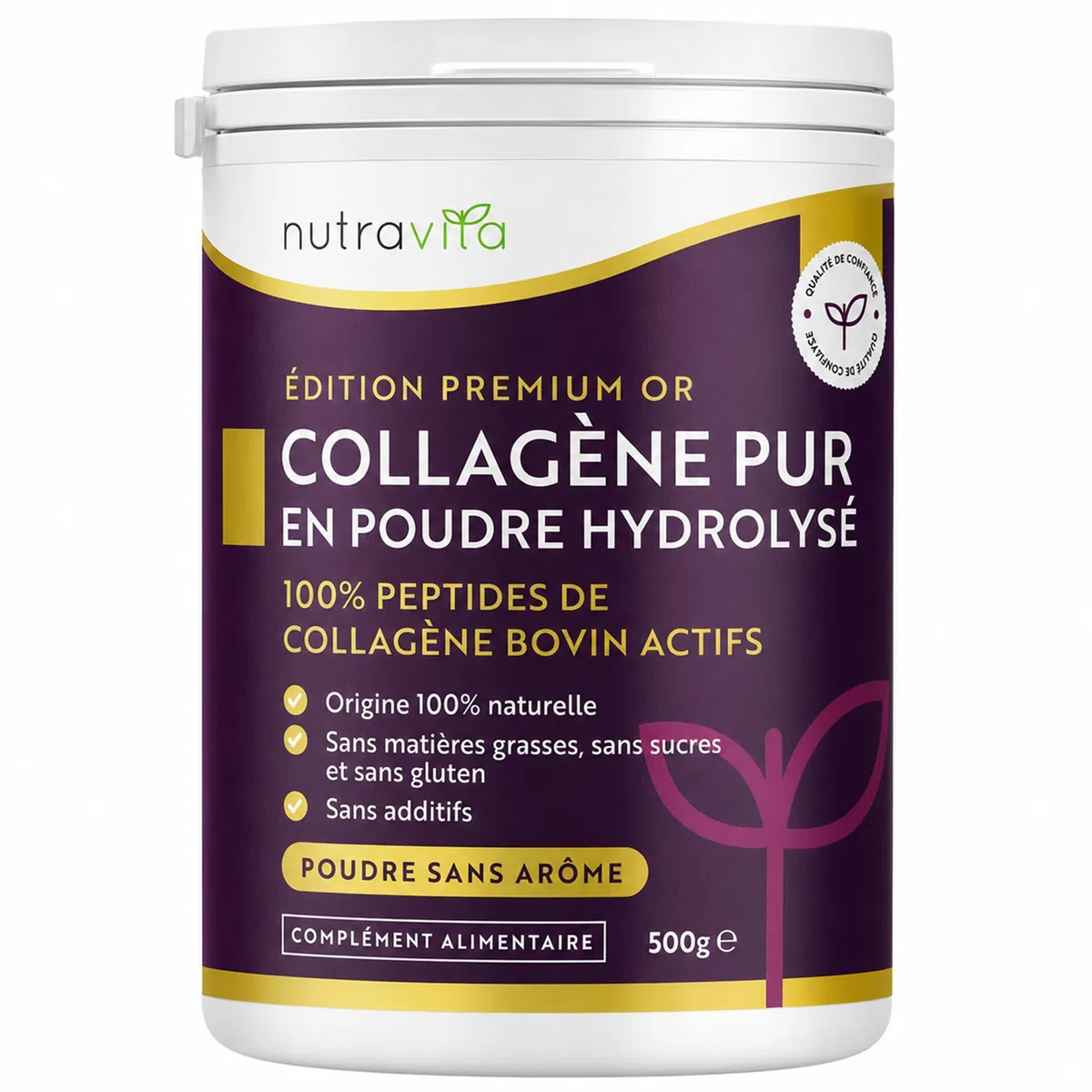 Nutravita Poudre de Collagene 500g - 100% Premium Peptides de Collagène Hydrolysés Pur, Type 1-50 Portions, Goût Neutre - Peptide de Collagen Hydrolysat - Collagene Bovin à Boir - 8 Acides Aminés