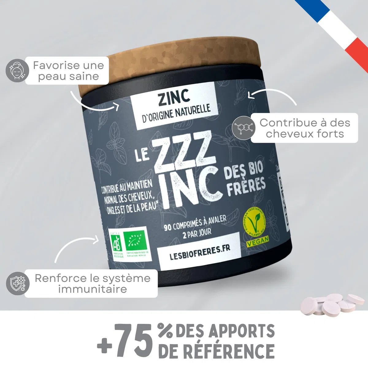 Zinc Bio Vegan 7,5 mg - Soutien Immunité et Peau - Antioxydant Naturel - Cheveux et Ongles - 120 Comprimés - Cure Longue Durée - Formule Douce Fabriquée en France