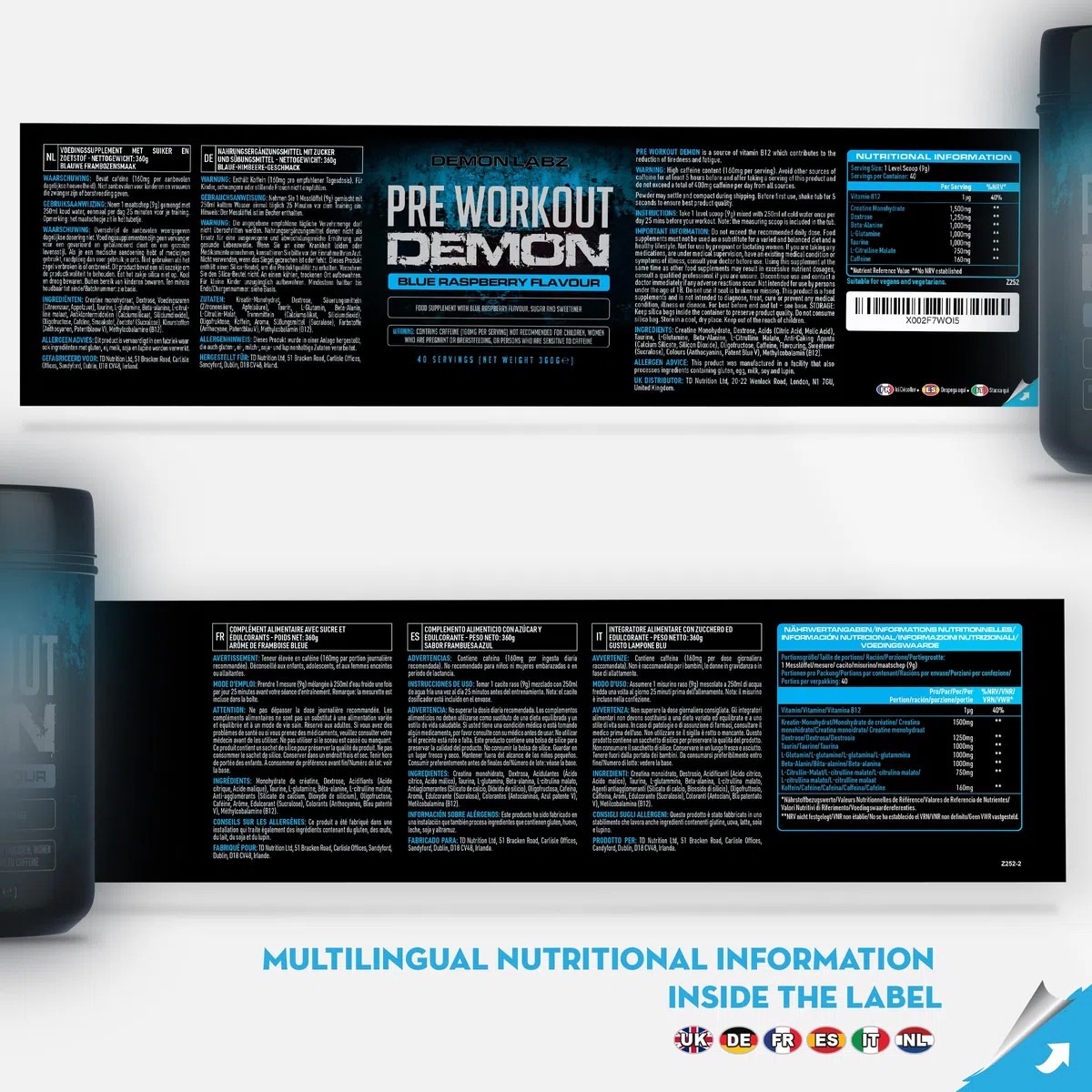 Pre Workout Demon - Pré-Entraînement Créatine (Framboise Bleue, 360g) | Booster pré-entraînement en poudre avec 160mg de caféine par dose, créatine, bêta-alanine, citrulline, glutamine et taurine