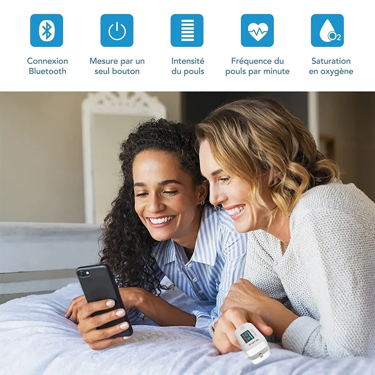 ViATOM Oxymètre de Pouls Bluetooth avec Rapport, Oxymètre de Doigt Saturometre, Moniteur de Fréquence Cardiaque avec Écran LED avec Piles, pour Mesurer Saturation en Oxygène (SpO2, PR et PI), Blaco